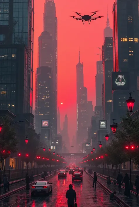 Very futuristic and technologically polluted landscape, huge glass and steel skyscrapers of very tall houses, With polluted red sky,  at night,  lots of futuristic drones flying with lights and red bulbs.  Top and full view . Poor people lying around and w...