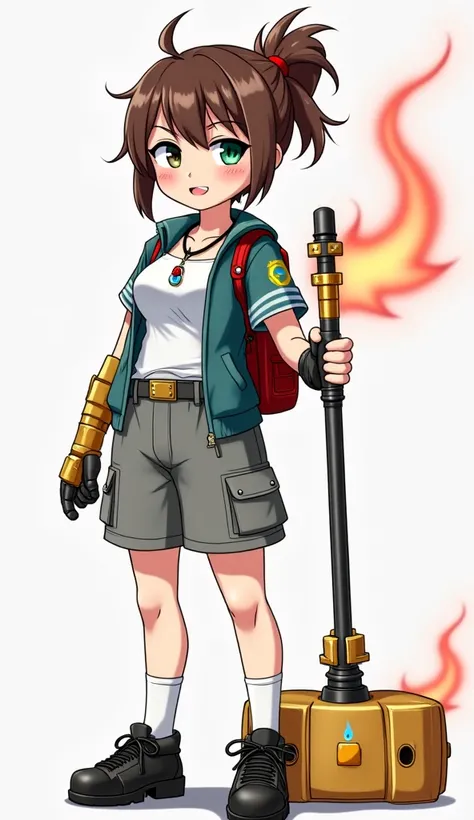 Anime tomboy brown ponytail hair right eye covered by red orange yellow highlights in her hair green left eye blue fire charm necklace with ruby black short sleeve short motorbike jacket white tube top busty gold prosthetic right forearm bellybutton shown ...