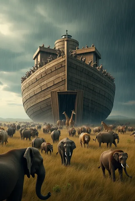 create a biblical scene with a huge ark ready, with a parade of animals entering in pairs, two by two. Elephants, lions, giraffes and birds enter in order, while Noah and his family are seen near the door. In the background, dark clouds gather and the rain...