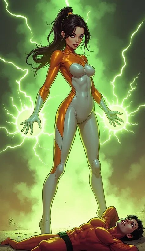 Beautiful, evil supervillainess with ponytailed  brunette hair and a skintight white costume with orange accents. Green electricity dances across her hands as she attacks the Human Torch. The Human Torch is wounded with a tattered costume on the ground. Sa...