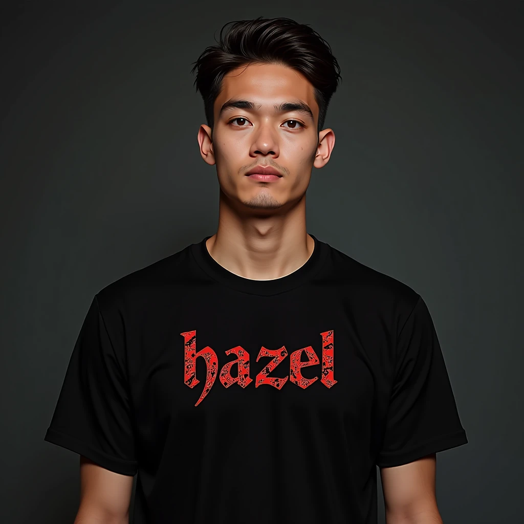 Oval-faced handsome young man wears black T-shirt with inscription "hazel" red striped ornate leaves