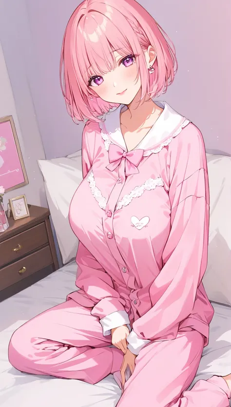  1 girl, （ pink beige hair 、 short hair：1.5）, Alone, masterpiece,  best quality, ( Anime Style Art:1.0),  wearing pajamas、 Cute Lingerie 、 big breasts,  simple room in monotone colors、 man's room、 smiles shyly in bed,　 superior、 apartment room,  soft pink ...