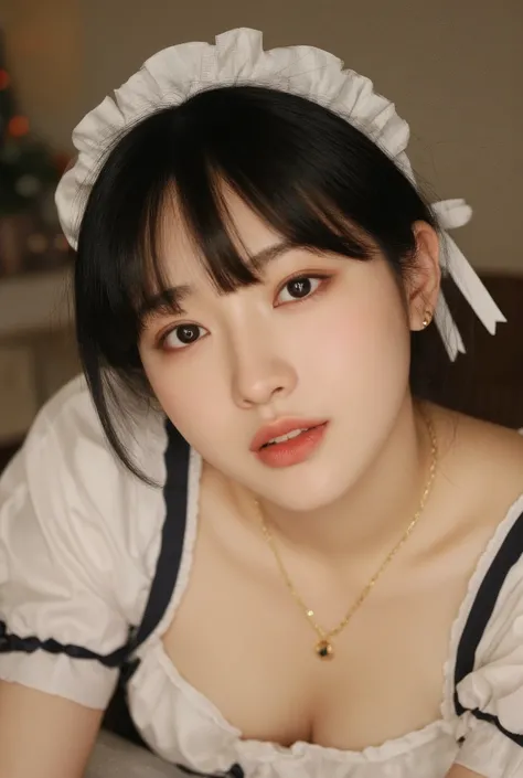 ((top quality)), ((masterpiece)), (Details),one Japanese girl, age 18,japanese idol face,droopy eyes,smile ,open mouth,look at me ,black tying hair, white skin ,french maid costume,ribbon accents,cleavage, small gold earrings,small gold necklace,(accurate ...