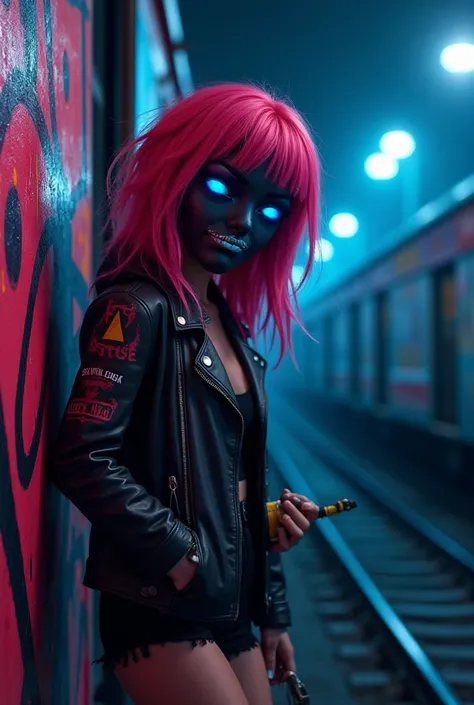 Graffiti personnage animé feminin petite taille look punk ,yeux bleus ,cheveux créte rose sous un masque tete de mort ,qui peint un graffiti avec une bombe aerosol sur un wagon de train dans une gare la nuit,lampadaire led qualité 4K
