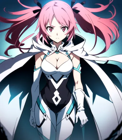 1girl, 18 years old, (looking at viewer), 
(pink eyes), long pink hair,  bodysuit, white gloves, hooded cloak( mega twintails), (cleavage),  (hair ribbons:1)(best quality:1.2), (high resolution:1.2),cinematic lighting,colorful, high contrast, standing 