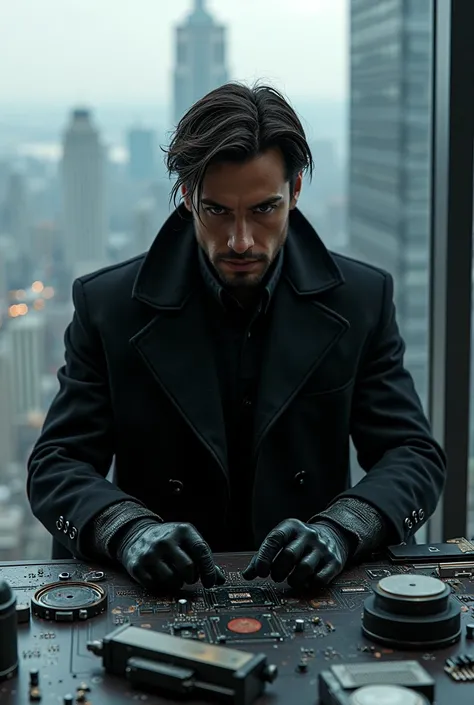 I want the character of a man dressed all black and black hair and brown eye color and he is building an electric weapon in the tallest building spot