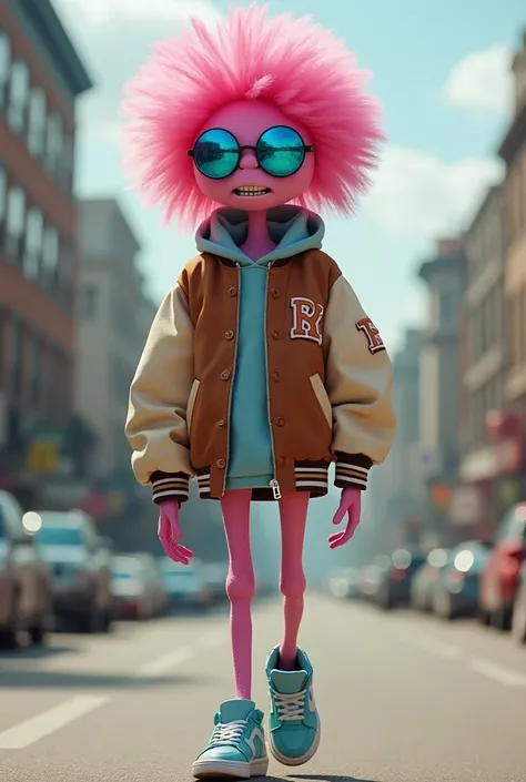 A tall pink alien with a pink Afro, wearing neon blue goggles, a brown and beige letterman jacket and blue sneakers. Walking to the east 