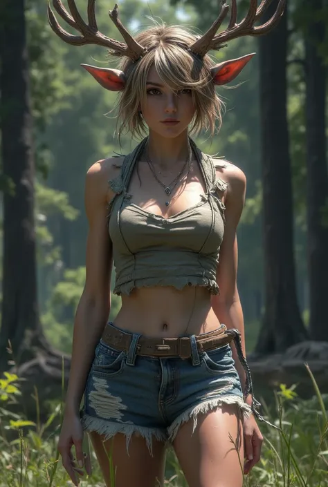 25 year old female faun in a forest setting, light brown hair, short spiky hair, messy short hair, small set of deer antlers, pierced navel, pierced nipples, she wears denim shorts, wears only a simple vest which covers her breasts, 80% human face, 20% dee...