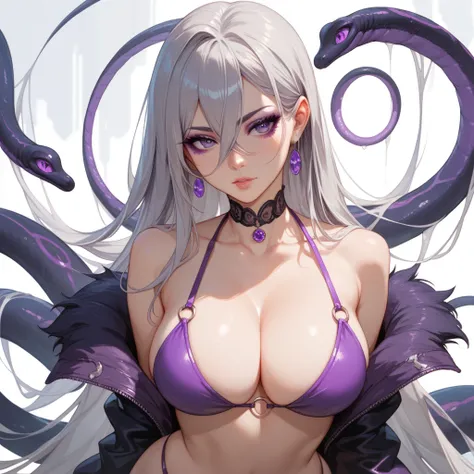 Anime style, extremely Long Hair, Hair between Eyes,Grey Hair,long eyelash, purple eyes, purple eyeshadow makeup,large chest,thin waist,large hips,purple bikini