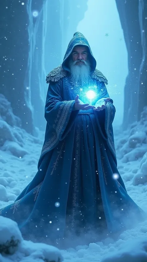 " A freezing wizard in a glacial environment ,  with icy winds and snowflakes floating around him .  He wears a cloak dark blue with silver details that shine like ice in cold light. In your hands,  he controls icy energy spheres ,  shining in shades of li...