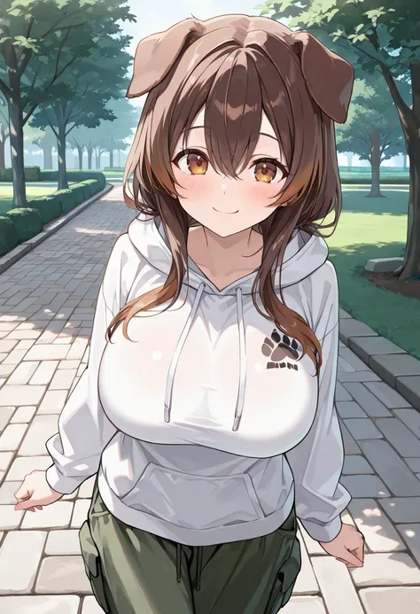 ( best quality , 8k , masterpiece , incredibly absurdres , beautiful woman , perfect body , super detailed skin , highly detailed eyes and face , 1 person ) , Inugami King , original hair color ,  brown hair  ,  dog ear , smile ,  will be happy , (  hooded...