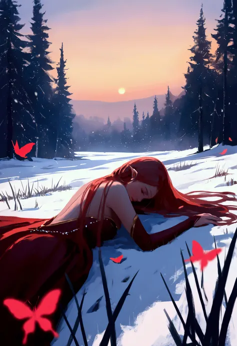 A movie poster featuring a woman with long hair like shadows, reddish brown in color. She is lying in a meadow in the snow, wearing a light green, voluminous dress. In the background you can see the sunset, and long willows made of crystals in a wintry mea...