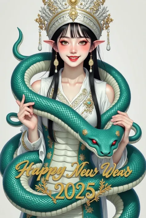   a close-up of a golden turquoise snake  ，  it circles around itself  ,   Bright colors symbolize prosperity and good fortune. In the snake  ,  [ a young girl,,  white as porcelain  , The eyes are as bright as sapphires ,  standing confidently in front of...