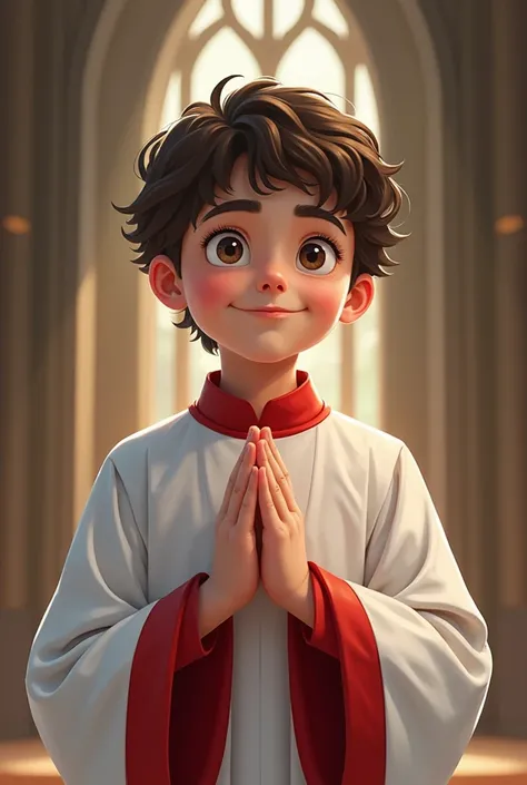 Image of a white male adolescent boy with short wavy dark brown hair, with hands clasped as if praying , wearing white and red altar boys or acolito robes. Leaked vector art style, Where does it appear from the trunk upwards, and in more detail on a cathed...