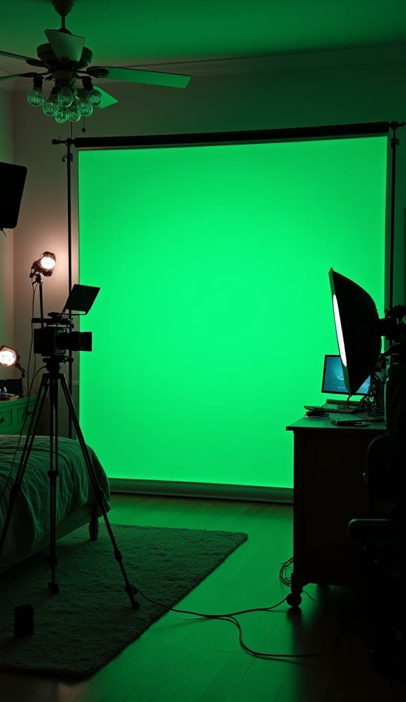 A young man's bedroom with a green screen on the wall with lights and cameras.   It's dark night .