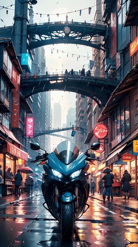 ((masterpiece)),(( best quality)),(( high detail)),(( is present,))  Futuristic Cities ,  Deep canyons ,   architecture view from the city, Bazaar, bridge,  cyberpunk,  European architecture, Rainy Night, neon, futuristic motorcycle