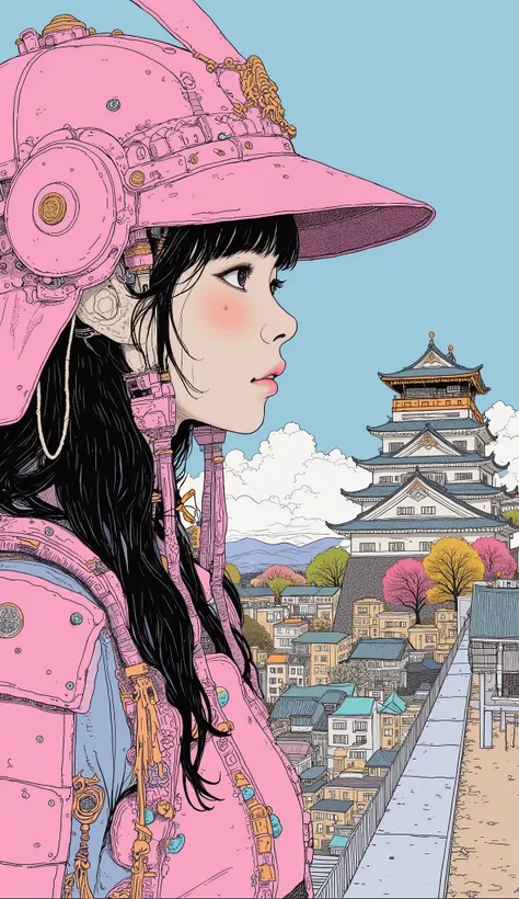  Super Real、  photorealistic、 woman wearing a psychedelic color samurai armor helmet、Pink and light blue pastel color 、zoom in on face、profile、 and the background is a Japanese castle 