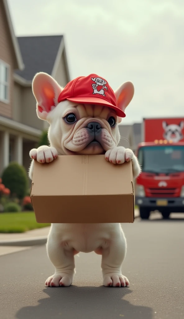 "A cute cream-colored French Bulldog puppy is a delivery person. It is wearing a red cap and is desperately holding a cardboard box in both paws to deliver a package. The location is a residential area with houses lined up. There is a truck featuring the F...