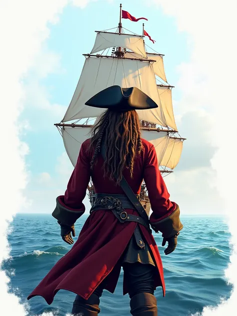  style of a vector image of a pirate ship in the open sea in the background ,  Jack Sparrow-style pirates facing the front of the image, A picture without a background ,  white background ,  Vivid colors in a realistic three-dimensional style , detailed pi...