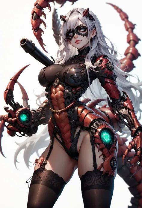 One woman. Body stockings. Silver hair. Long hair. Yandere. Mask covering half of face. Mask with horns. Centipede tail. Black armor. Large mechanical hands. Sharp claws. Military. Cannon. missile. White background.