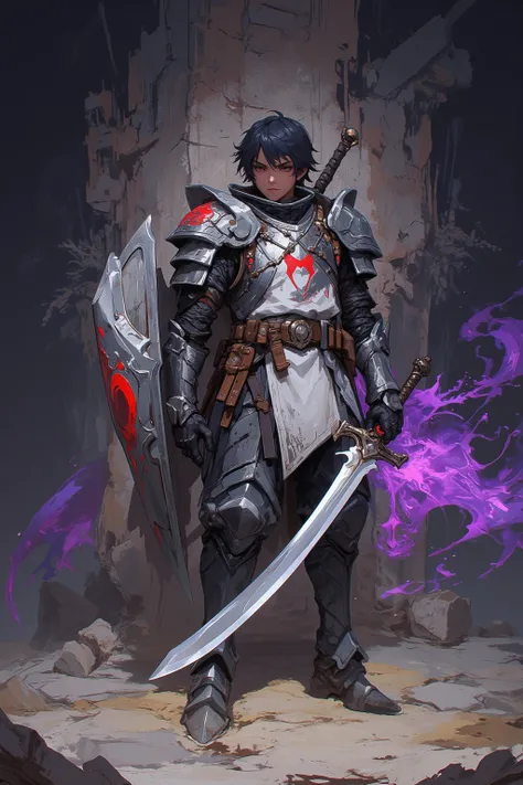 Warrior with gray armor , Young boy, Short black hair booklet cut,  wears a white tunic over the armor in the middle a red emblem , in his right hand he carries a sword with a blade of light and in his left hand a shield,  full body, short stature 1,65 cm ...