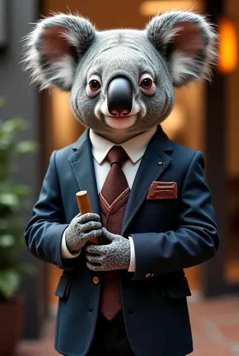 Create an image of a koala dressed in a suit with a cigar and in such a way that you understand that it is a barber shop logo 
