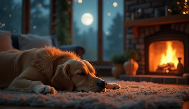 a golden retriever dog sleeping in a living room in front of an open fireplace, moonlight and stars visible through a large window, cozy and peaceful atmosphere, photorealistic, 8k, highly detailed, extremely detailed, warm lighting, cinematic composition,...