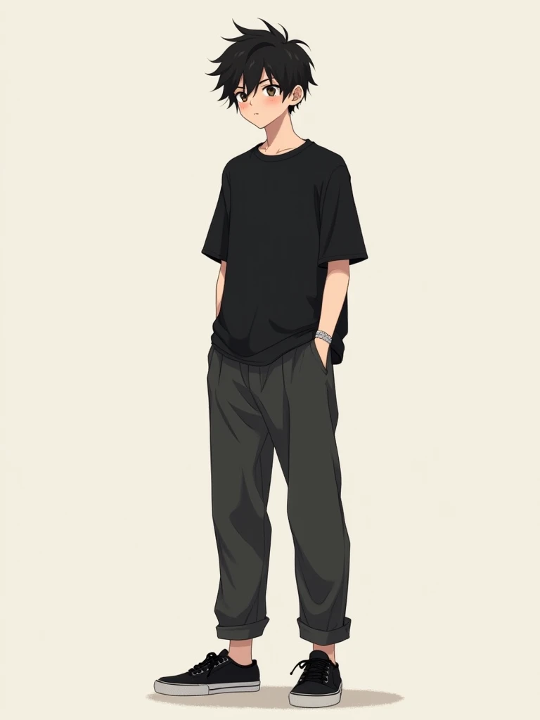 Shy anime-style man with black hair and black trainers