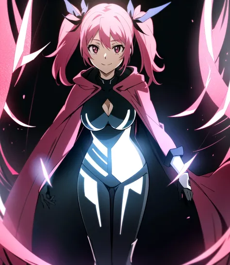 1girl, 18 years old, (looking at viewer), cloak, cape, white gloves, smile, standing 
,(pink eyes), long pink hair,  ( mega twintails), (cleavage),  (hair ribbons:1),(wearing black bodysuit costume:1.2),
,(masterpiece:1.3), (best quality:1.2), (high resolu...