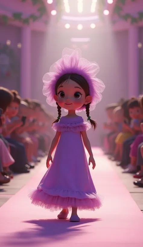 A baby girl further away, dressed as Dona Clotilde with a long, simple, plain purple dress with a frill, and a hat on her head that looks like a tulle cap, parading on a catwalk surrounded by people