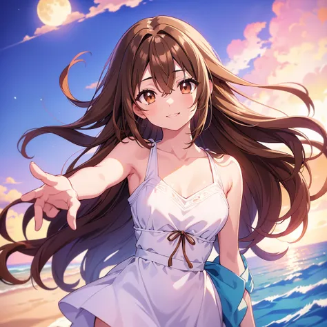 a moonayuuki, a moona yuuki,  long hair,  Hair, ( brown eyes:1.8),  medium chest, mouth,smile,, sleeveless shirt,that&#39;s a bellybutton, shorts, palm tree ,Parasol, beachチェア,Peeking from above, turn your hands around your back,
break outdoors, beach,sand...