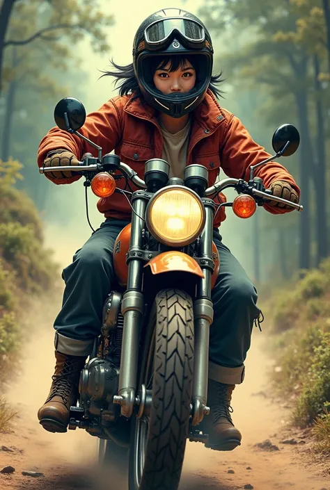 A beautiful Japanese beauty with a bright smile  short, Messy black hair,   cargo pants with flight jacket  , Durable boots,  helmet,   gloves　Front turn signal 　block pattern tire , Vintage Goggles,  Ride a heavy duty vintage motocross bike with tools in ...