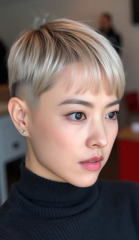 she has a very short Bowlcut-pixie and a Low fade. The top is Extreme cropped very short with Strong visible texture. The sides and back have a smooth high skin fade clippred undercut blending into the short top. The haircut is clean, sharp, and symmetrica...