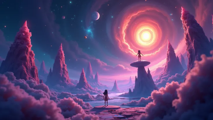 Prompt Completo: “A 16:9 cinematic frame in Disney-Pixar style showing a grand cosmic kingdom made of glittering stardust. Nebulas swirl in vibrant colors around floating crystal platforms where young stars train. The atmosphere is magical, inviting, and f...