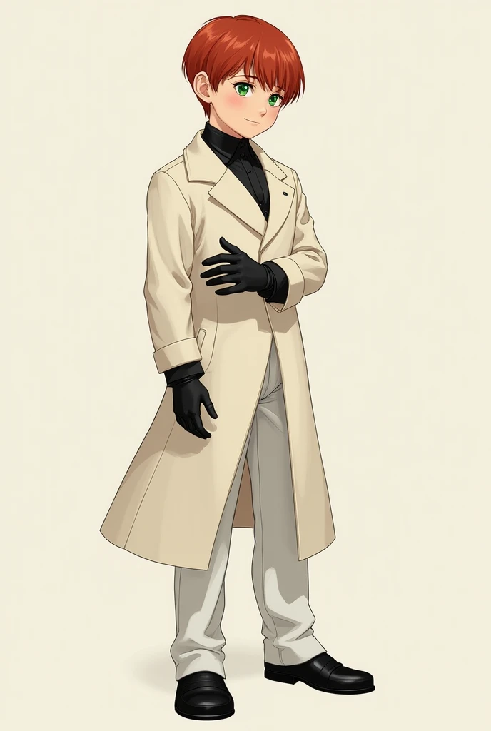  Boy in a white overcoat ,  with his left hand with a black glove that covers three fingers.  wears white pants , with black shoes. Your eyes ,  are green , Smooth red hair .