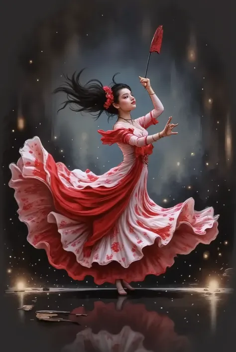  flamenco dancer,  red dress with white polka dots , VOLADOS, Fan in her hands ,  hairstyle tucked up ,  black hair, chiaroscuro, cinematic lighting, speed lines, UHD, Retina, masterpiece, Accurate, Anatomically correct, textured skin, Super detail, high d...