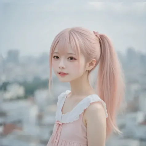 (masterpiece,  best quality:1.2,soft ),  1 girl, Alone, LIGHT PINK HAIR , ponytail、city