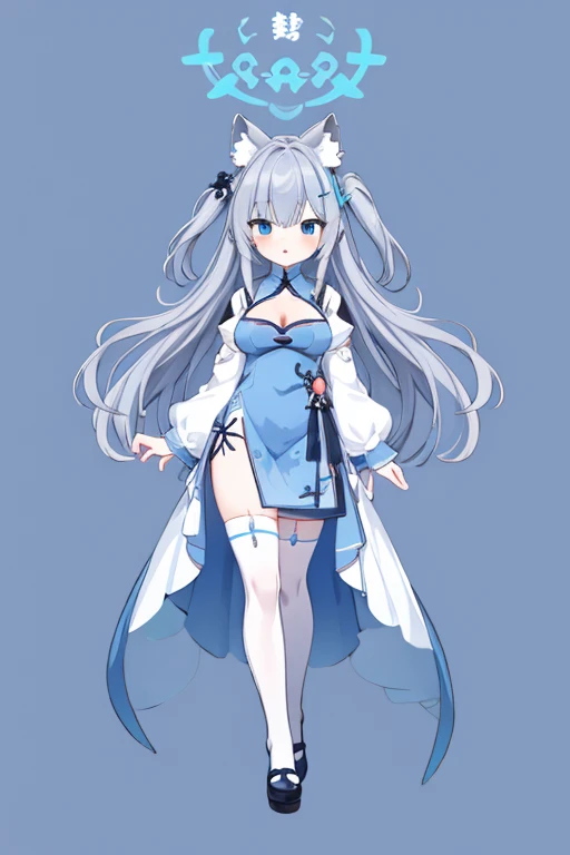 masterpiece, best quality, absurdres, illustration, watercolor,shiroko_bluearchive,wolf ears,Blue and white porcelain cheongsam,chinese cheongsam,grey hair
1 girl,anime character, kawaii, cute, mascot character, fuwafuwa,cleavage cutout,cleavage exposed, b...