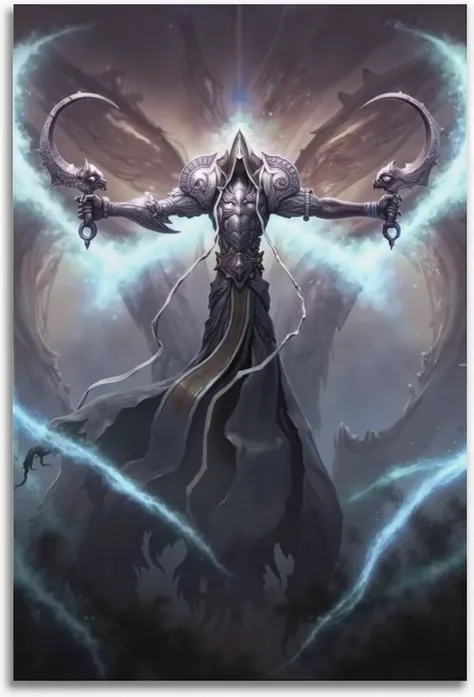  mystical illustration of a dark angel with a hood that hides his face, gray and black dress,  with wings that are a glowing whitish smoke and with 2 sickles like weapons one in each hand, That levitates on a dark background