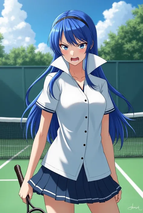 Fire Emblem, Blue haired Lucina looking angry while wearing a Massive Popped Collar Polo with her collar Fully Popped up while playing Tennis