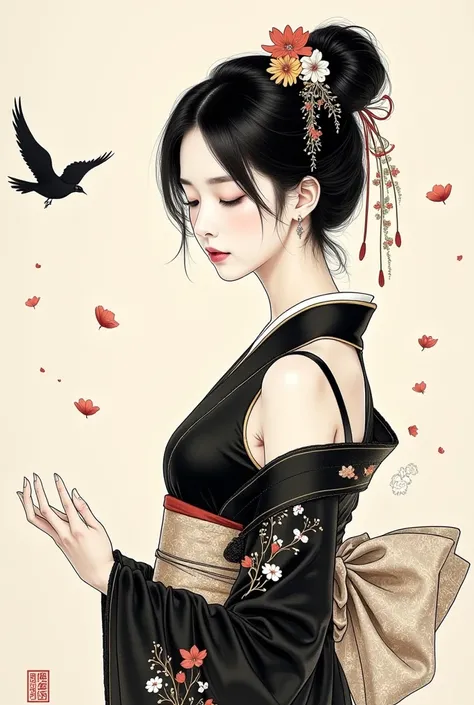 💖💖( Traditional Chinese Ink Painting),portrait,1 Female,  Falling Petals , upper body, black_Japanese style dress ,hair_Decoration,bird、