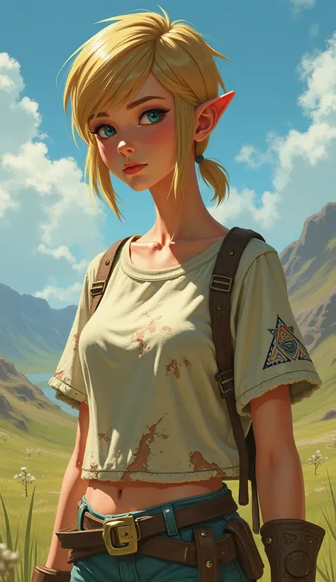 the legend of zelda breath of the wild, princess zelda,  buzz cut haircut , cropped homemade wide t-shirt