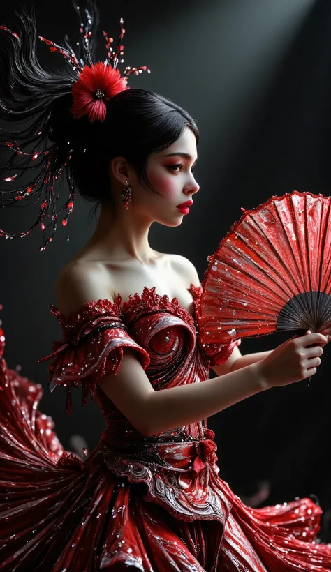 a beautiful spanish flamenco dancer, woman in a long red dress with white polka dots, ruffled dress, holding a fan in her hands, updo hairstyle, black hair, elegant pose, dramatic lighting, photorealistic, vibrant colors, chiaroscuro, high contrast, chiaro...