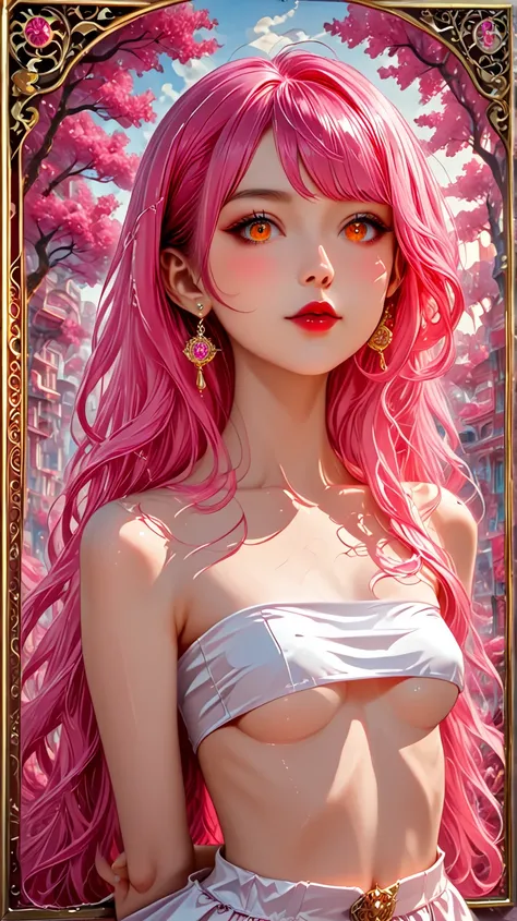 (best quality, highres), portrait, upper body, young cool type girl, long hair, swept-side bangs, pink hair, orange eyes, small breasts, ultra detailed cg, hyperrealistic and photorealistic style, detailed skin texture and coloring, (underboob), tube top, ...