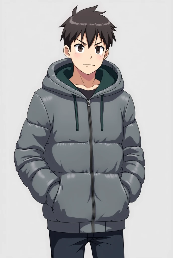 A man in a gray puffer jacket stands straight with a slightly annoyed look on his face. His hands out of his pocket and clench into fists, ready to strike. Anime art style, half body, slightly side view angle, grey background.