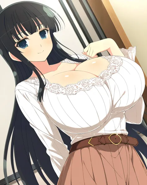 score_9, score_8_up, score_7_up, source_anime, anime coloring, anime screencap, yaegashi nan(artist), 1girl, solo, Ikaruga (Senran Kagura New Link), black hair, blunt bangs, hime cut, blue eyes, black pupils, loving smile, gigantic breasts, cleavage, stand...