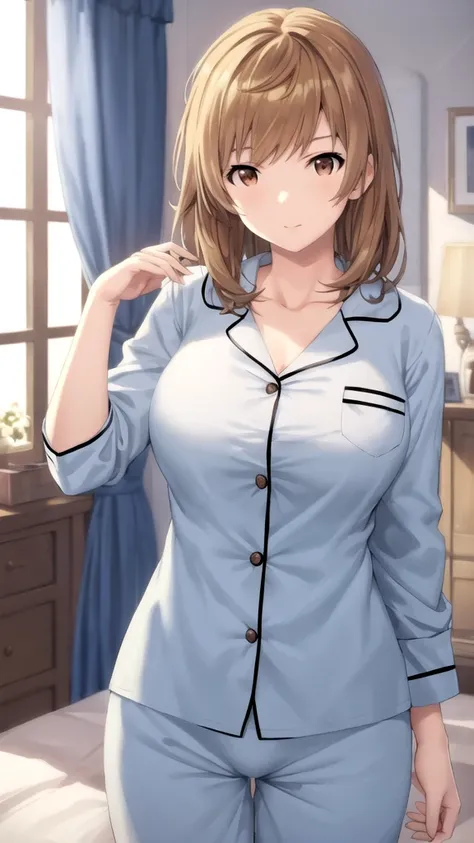 masterpiece, best quality, high quality, girl, solo, looking at viewer, gran, brown hair, brown eyes, large breasts, pajamas