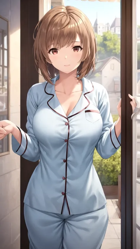 masterpiece, best quality, high quality, girl, solo, looking at viewer, gran, brown hair, brown eyes, large breasts, pajamas