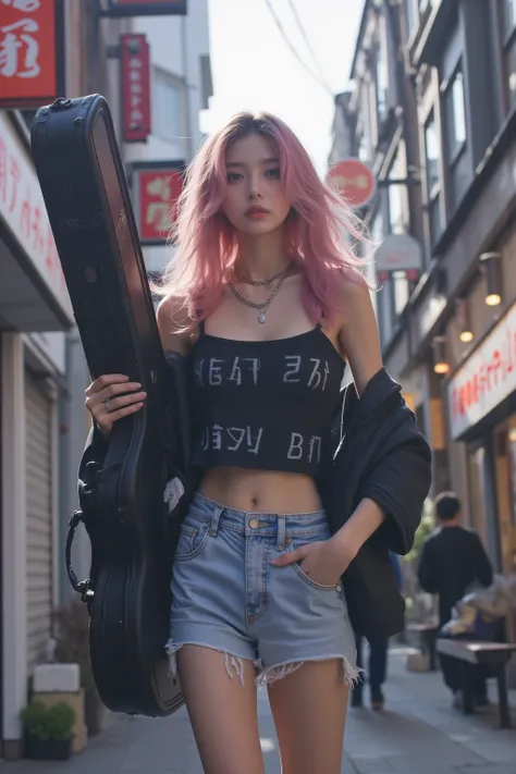 Adult video poster layout、Characters on the screen、「Band Girls」「ShockingＡＶdebut！」Character、(((Japanese woman carrying a large black guitar case))), 26 year old adult woman wearing a black crew neck top with large English letters on her chest and short blue...