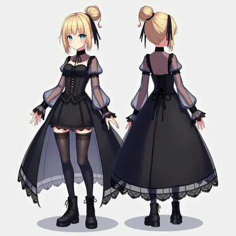  This female anime character has blond hair tied in a high bun and light blue eyes.  She wears a black gothic style dress ,  with a corset-like bodice with laces ,  long transparent sleeves ,  and a long skirt with lace and details on the bottom .  She als...